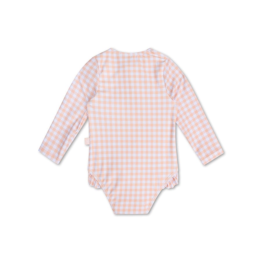 Sunset Grid | Girls UV Swimsuit with long sleeves in Orange/White