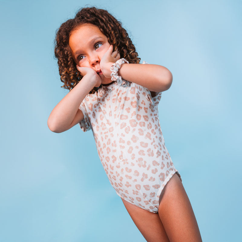 Leopard | UV beige swimsuit with short sleeves for girls